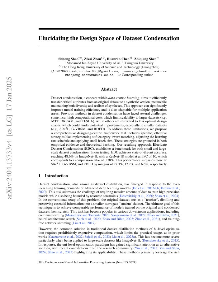 First page of Elucidating the Design Space of Dataset Condensation paper