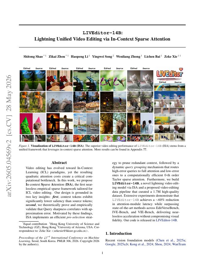 First page of Lightning Unified Video Editing paper