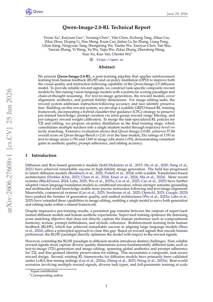 First page of Qwen-Image-2.0-RL Technical Report