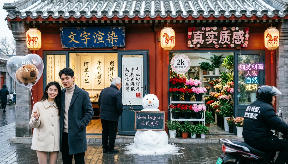 Qwen Image 2.0 official blog cover with a street scene and the model release announcement